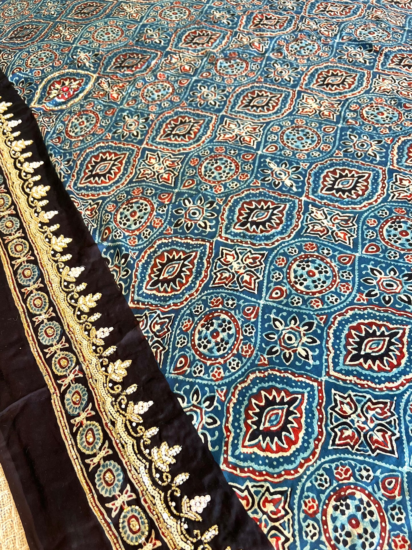 Blue Reverie - Pure Modal Ajrakh Hand Embroidered Saree