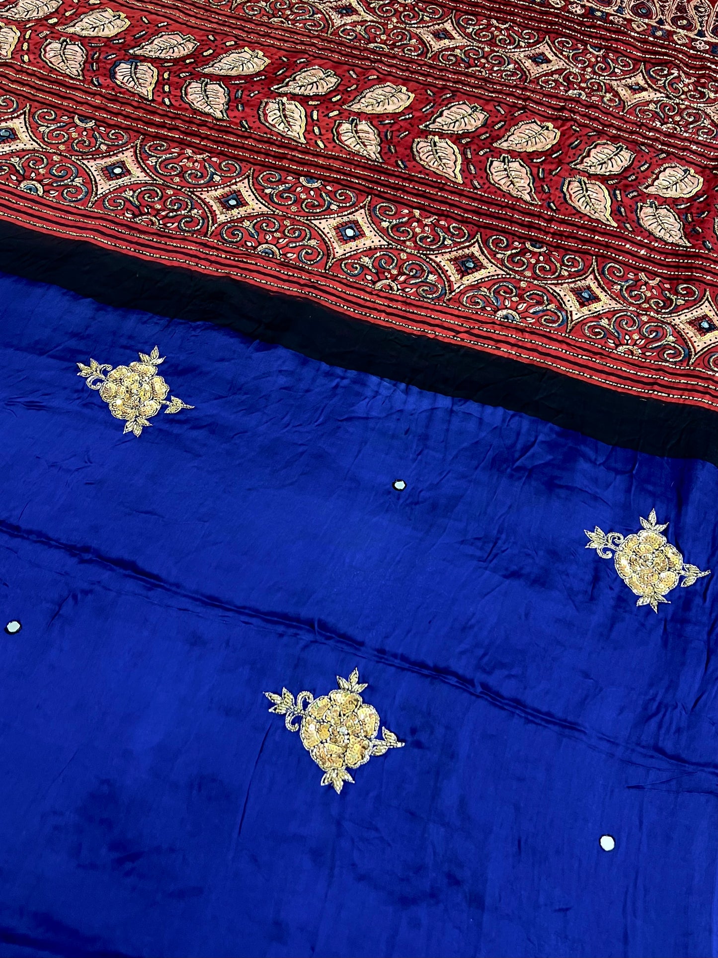 ROYAL ROSE - Pure Modal Ajrakh Hand Embroidered Saree
