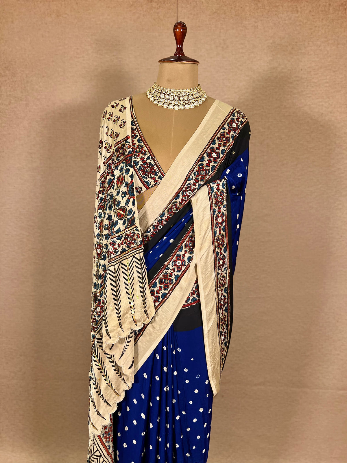 BLUE ROYALTY - Pure Modal Bandhani Ajrakh Hand Embroidered Saree