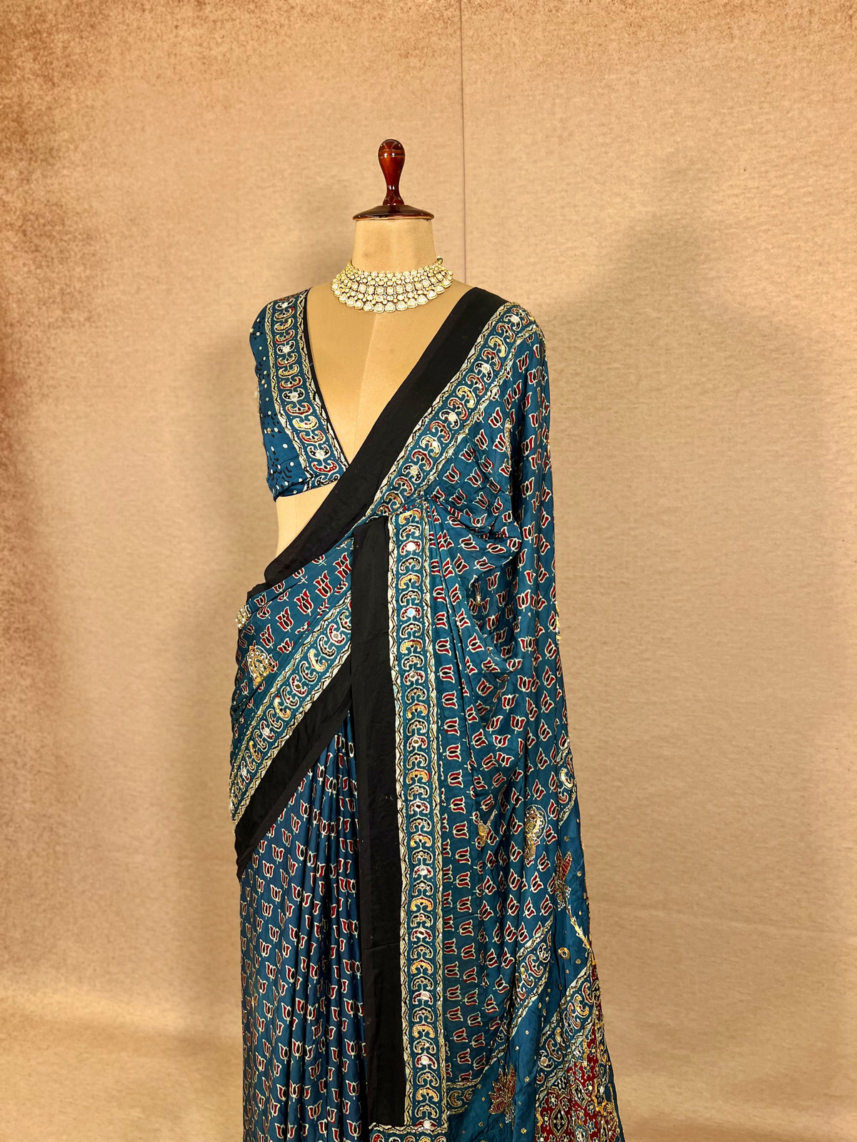 DIVINE SPARKLE - Pure Modal Ajrakh Hand Embroidered Saree