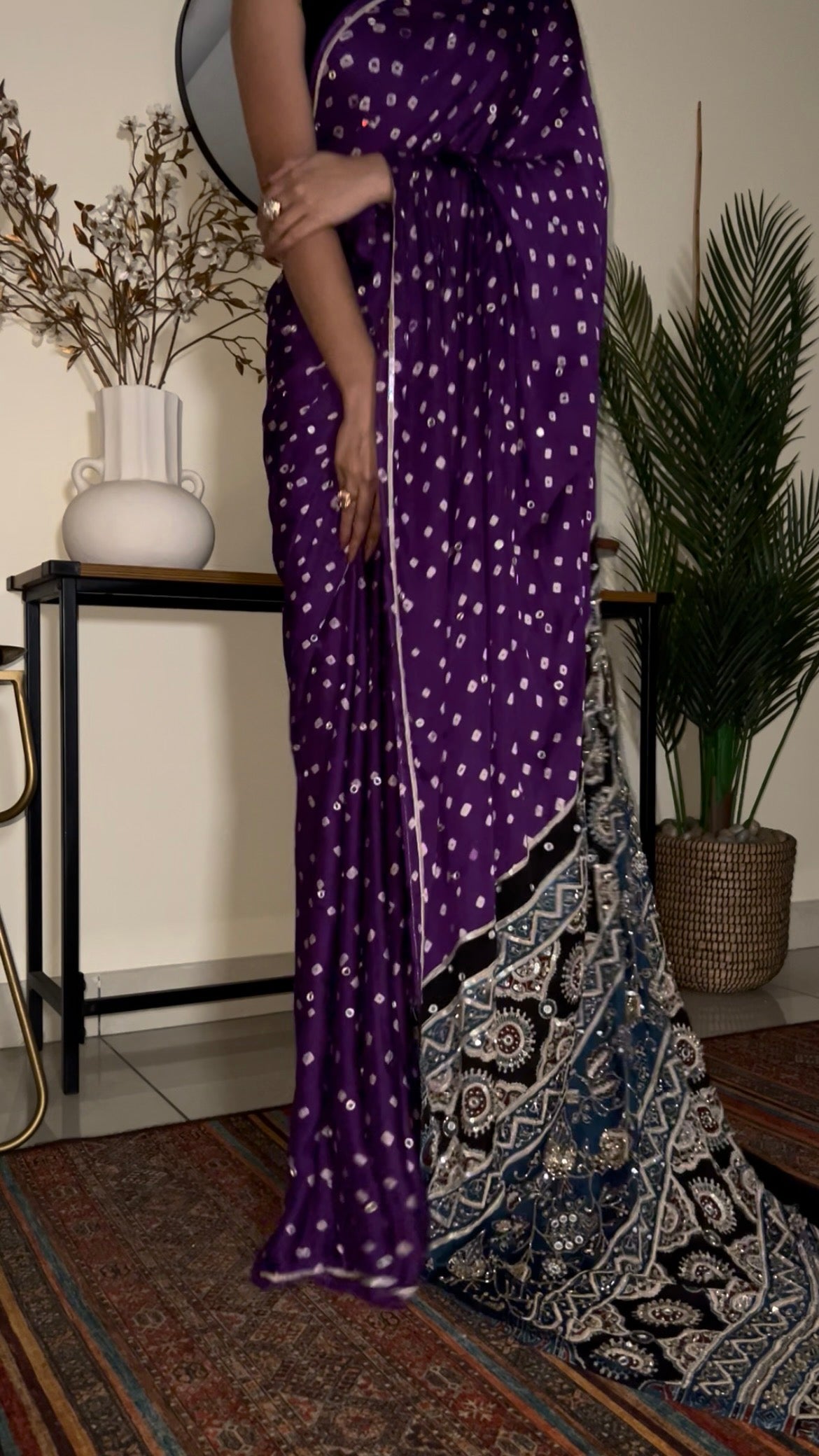 PURPLE ROYALE BANDHANI - Pure Modal Bandhani Ajrakh Hand Embroidered Saree