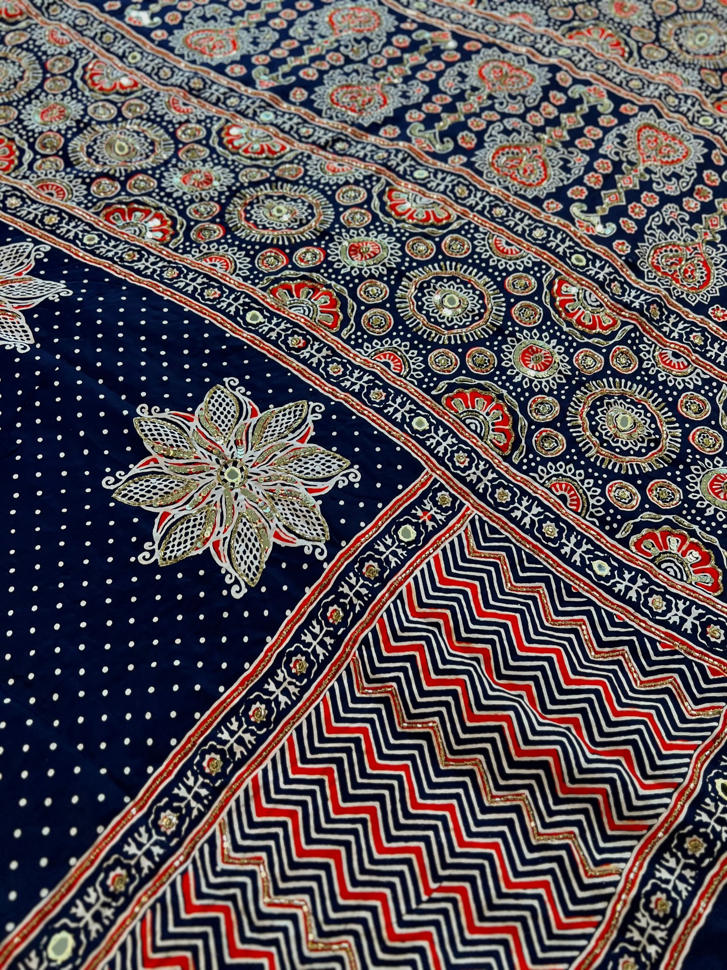 MIDNIGHT BLOSSOM - Pure Modal Ajrakh Hand Embroidered Saree
