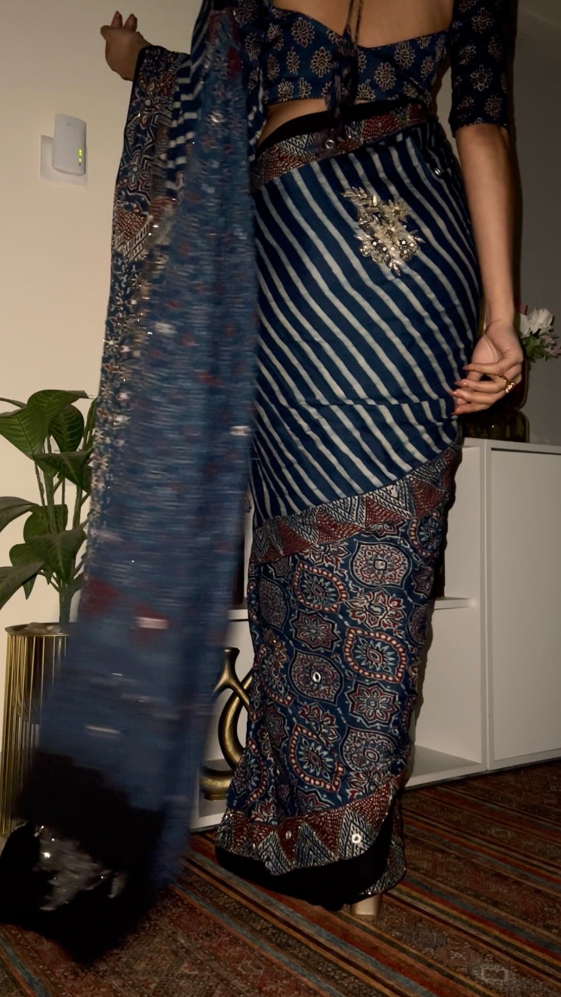 INDIGO STARDUST - Pure Modal Ajrakh Hand Embroidered Saree
