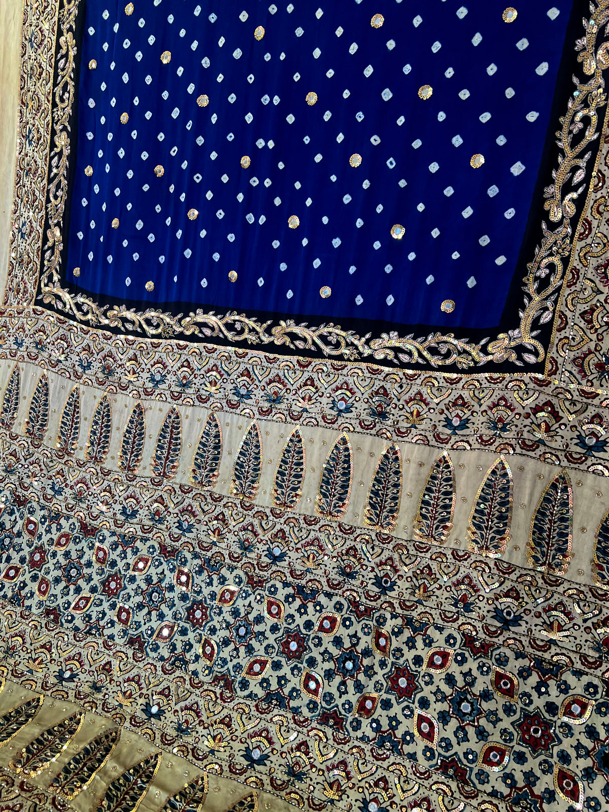 BLUE EMPRESS - Pure Modal Bandhani Ajrakh Hand Embroidered Saree