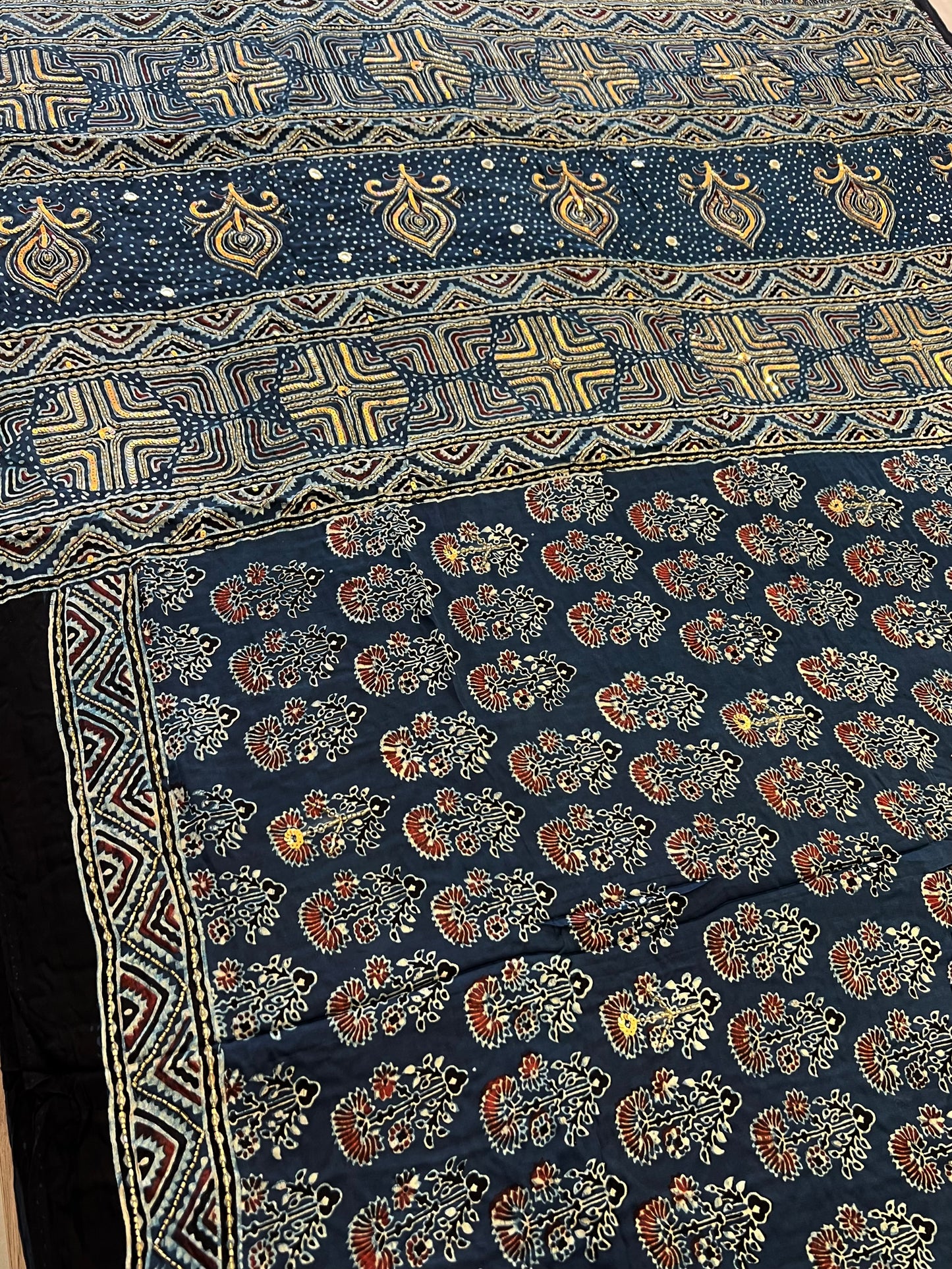 OCEAN BLOOM - Pure Modal Ajrakh Hand Embroidered Saree