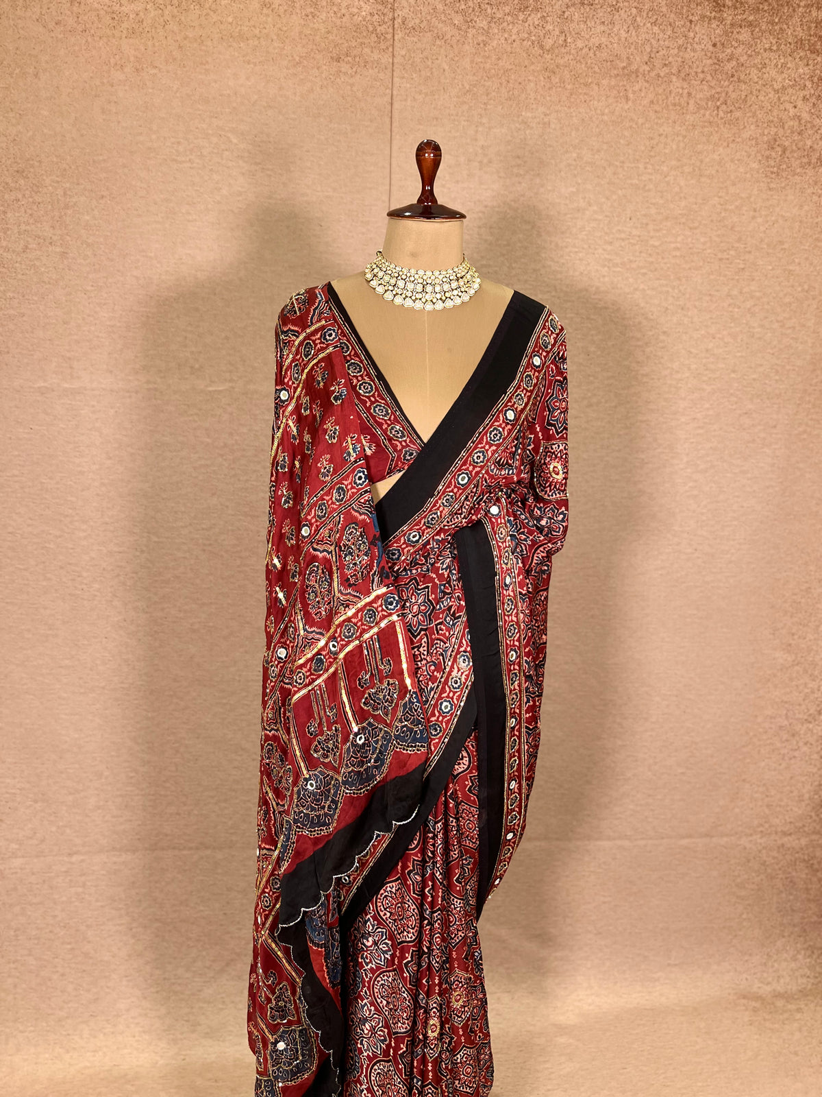 CARMINE MUSE - Pure Modal Ajrakh Hand Embroidered Saree