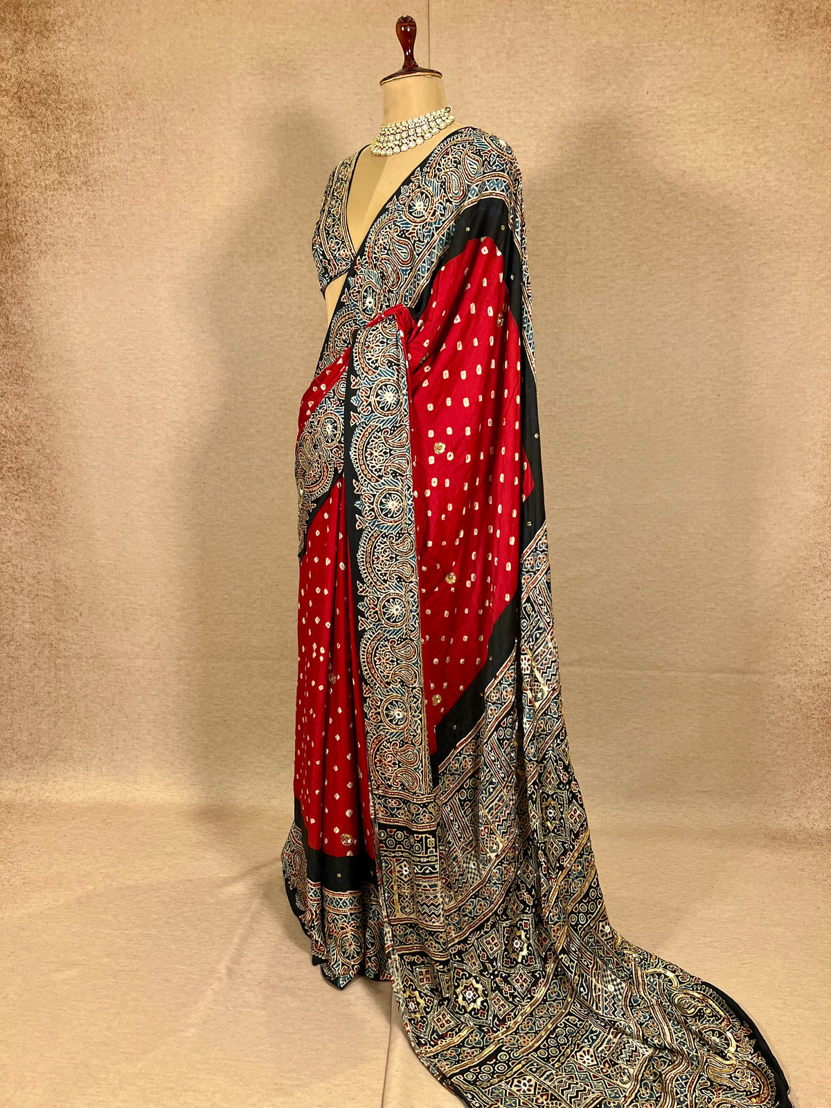 RED SPLENDOUR - Pure Modal Bandhani Ajrakh Hand Embroidered Saree