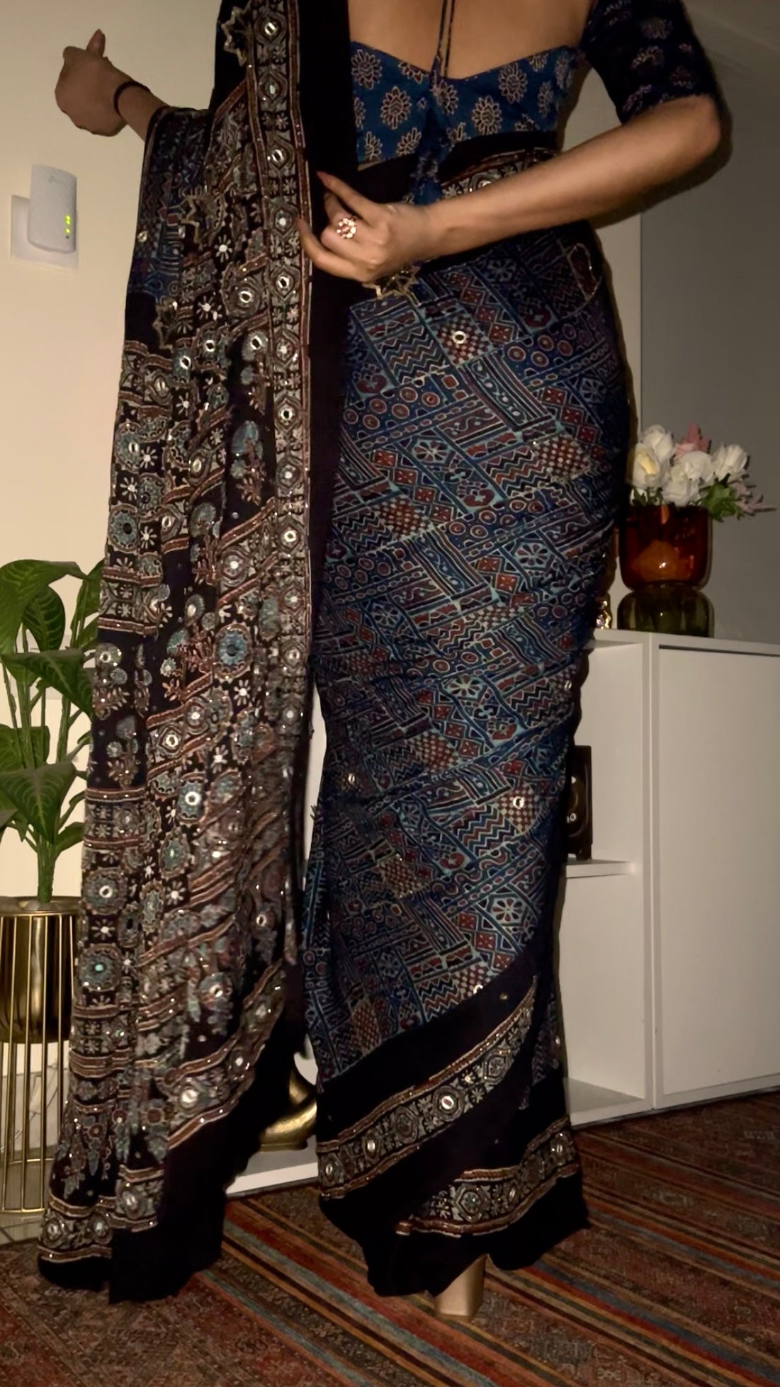 ASTRAL BLUE - Pure Modal Ajrakh Hand Embroidered Saree