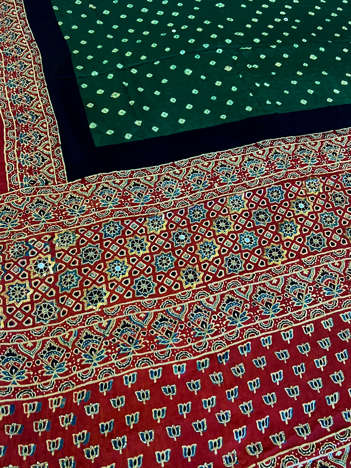 GREEN ROYALTY - Pure Modal Bandhani Ajrakh Hand Embroidered Saree