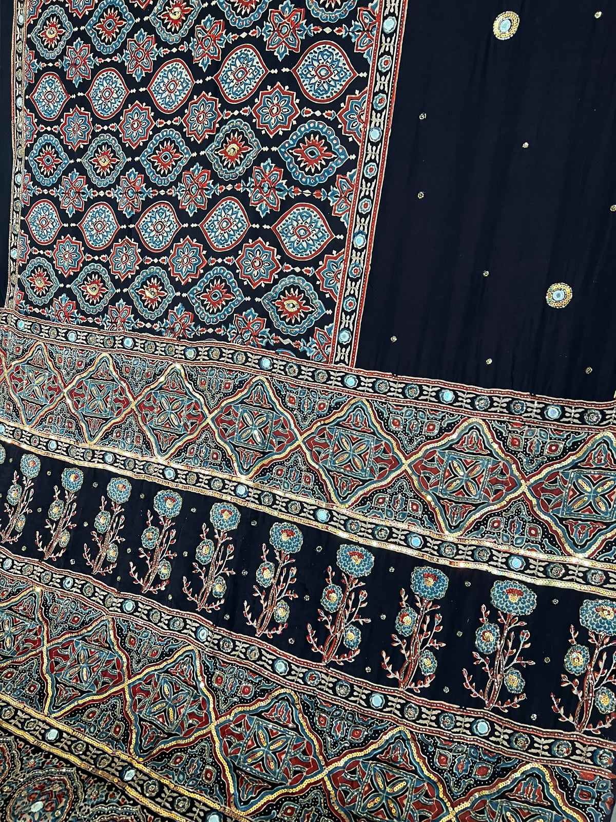 NIGHT WHISPER - Pure Modal Ajrakh Hand Embroidered Saree