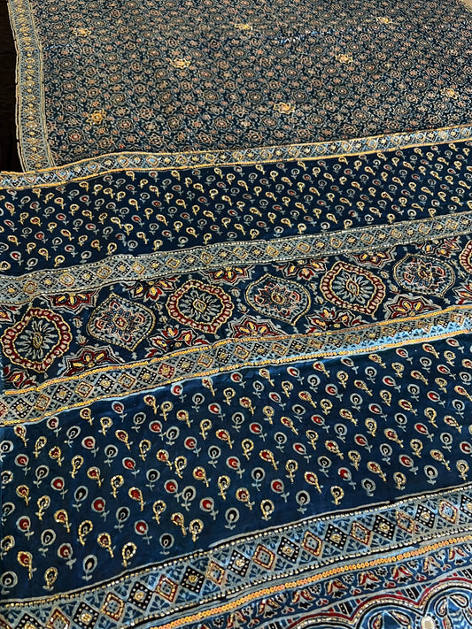 INDIGO WHISPER - Pure Modal Ajrakh Hand Embroidered Saree