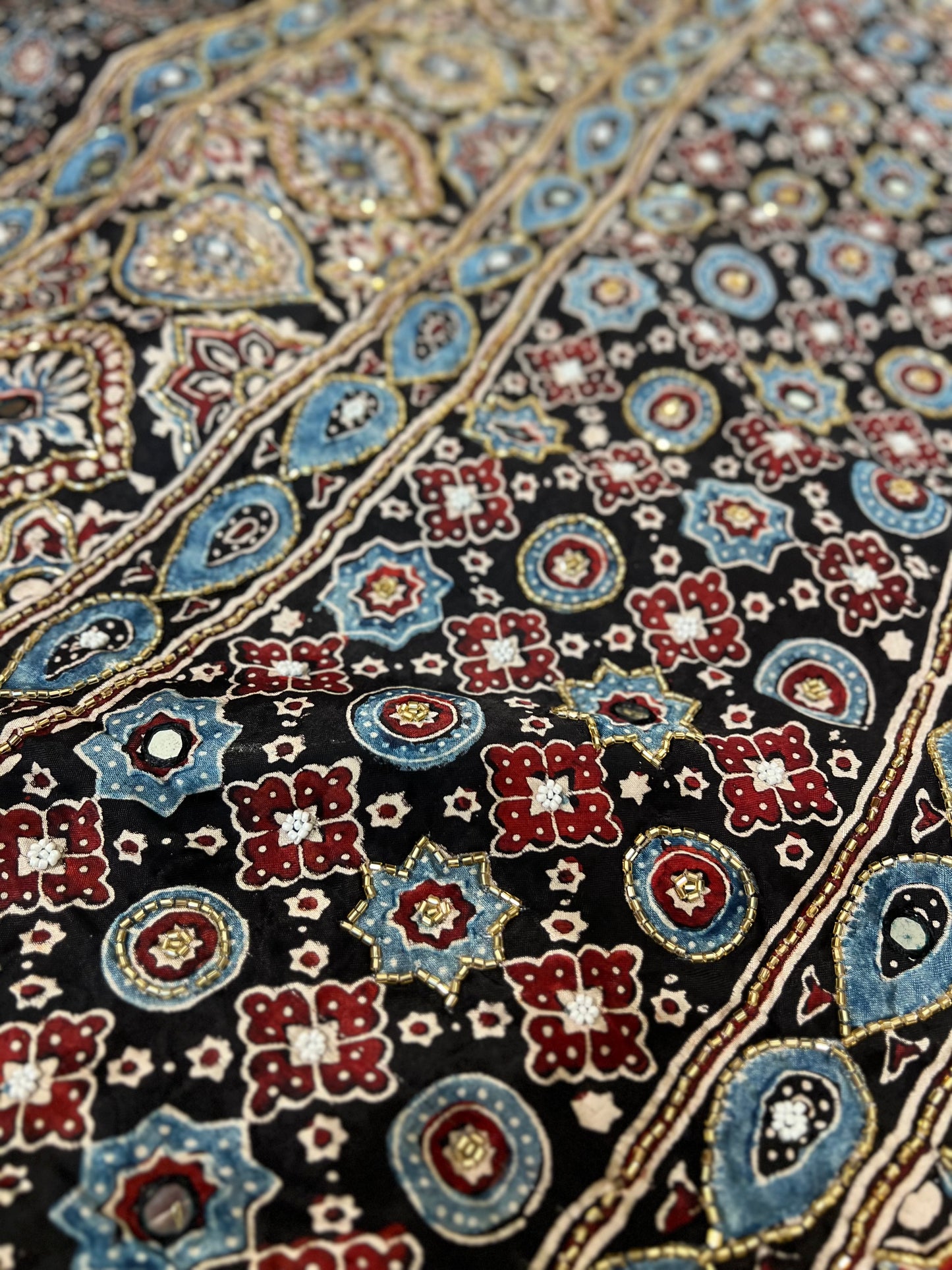 Black and Blue Pure Modal Ajrakh Hand Embroidered Saree