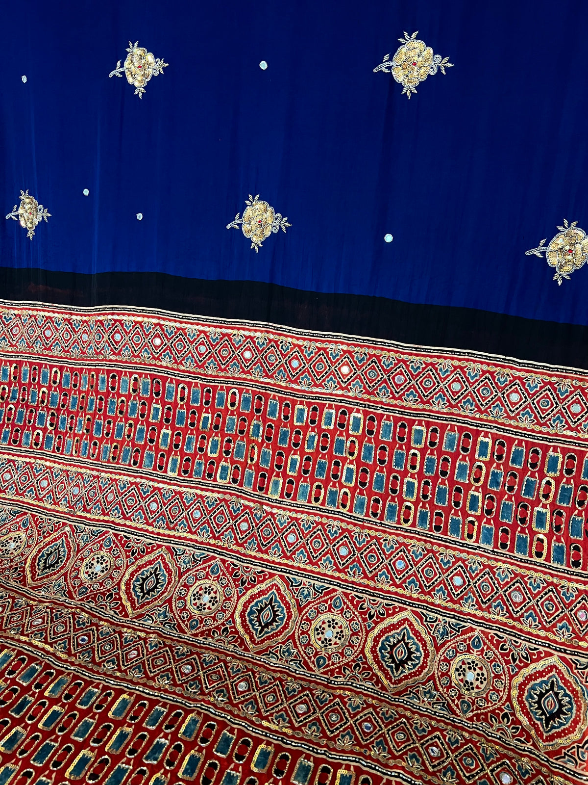 AZURITE ROSE - Pure Modal Ajrakh Hand Embroidered Saree