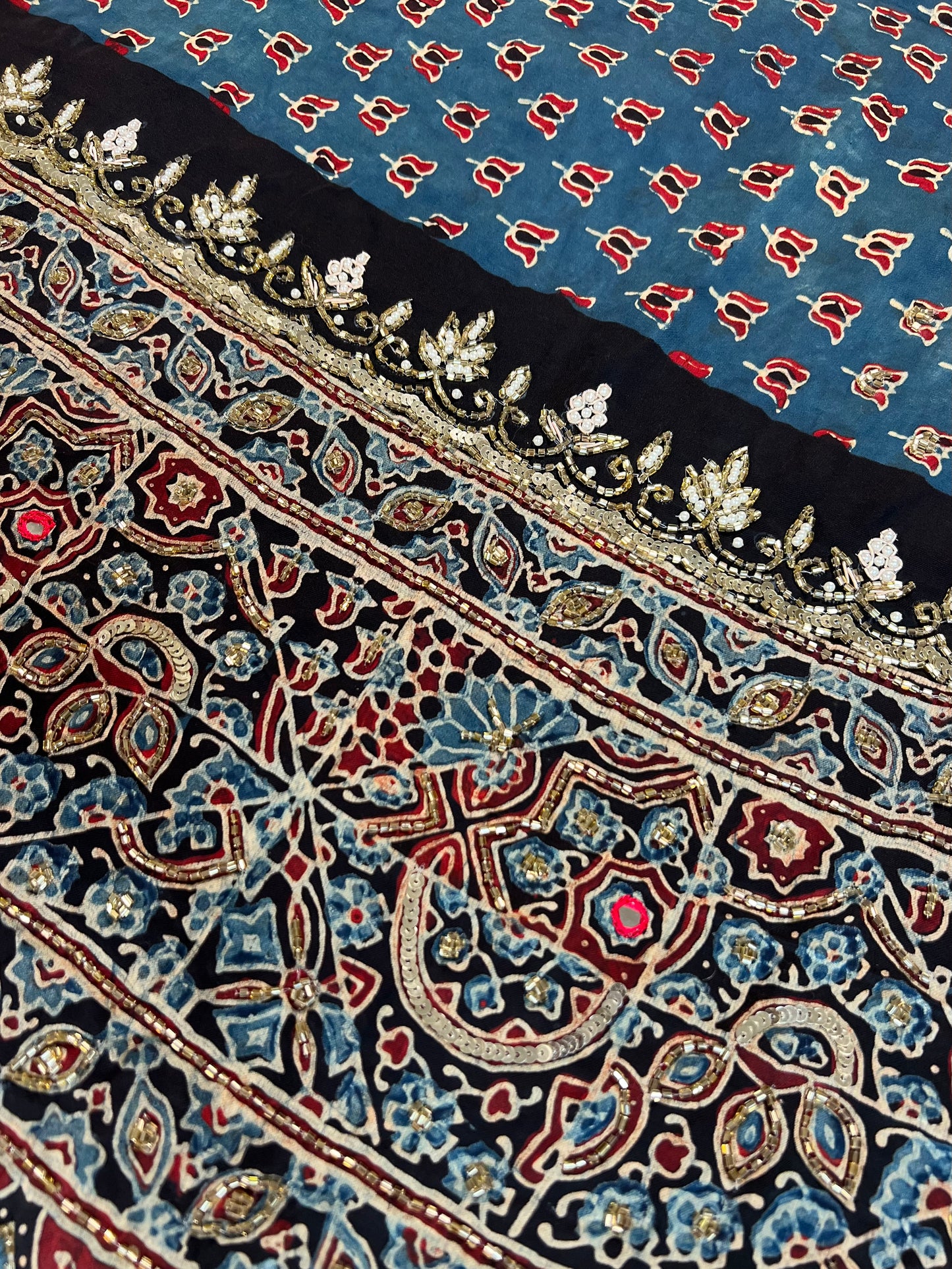 BLUE MEADOW - Pure Modal Ajrakh Hand Embroidered Saree