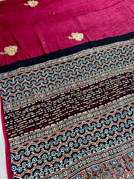 WINE ROSE - Pure Modal Ajrakh Hand Embroidered Saree