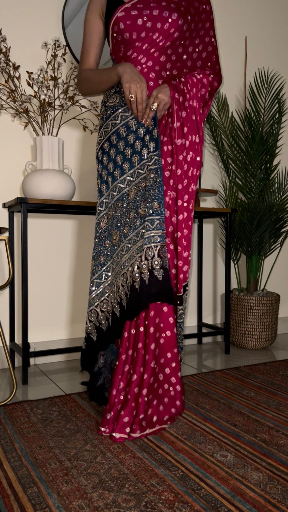 PINK ROYALE BANDHANI - Pure Modal Bandhani Ajrakh Hand Embroidered Saree