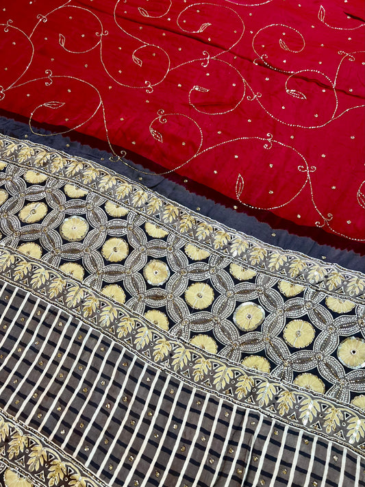 RUBY SPARKLE - Pure Modal Ajrakh Hand Embroidered Saree