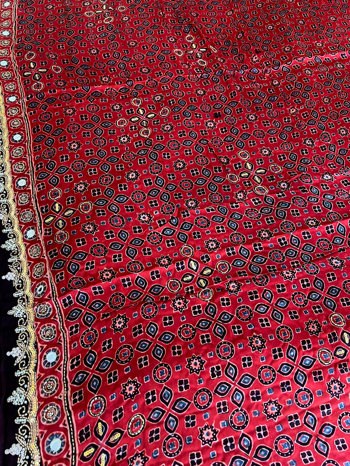 CRIMSON STARDUST - Pure Modal Ajrakh Hand Embroidered Saree