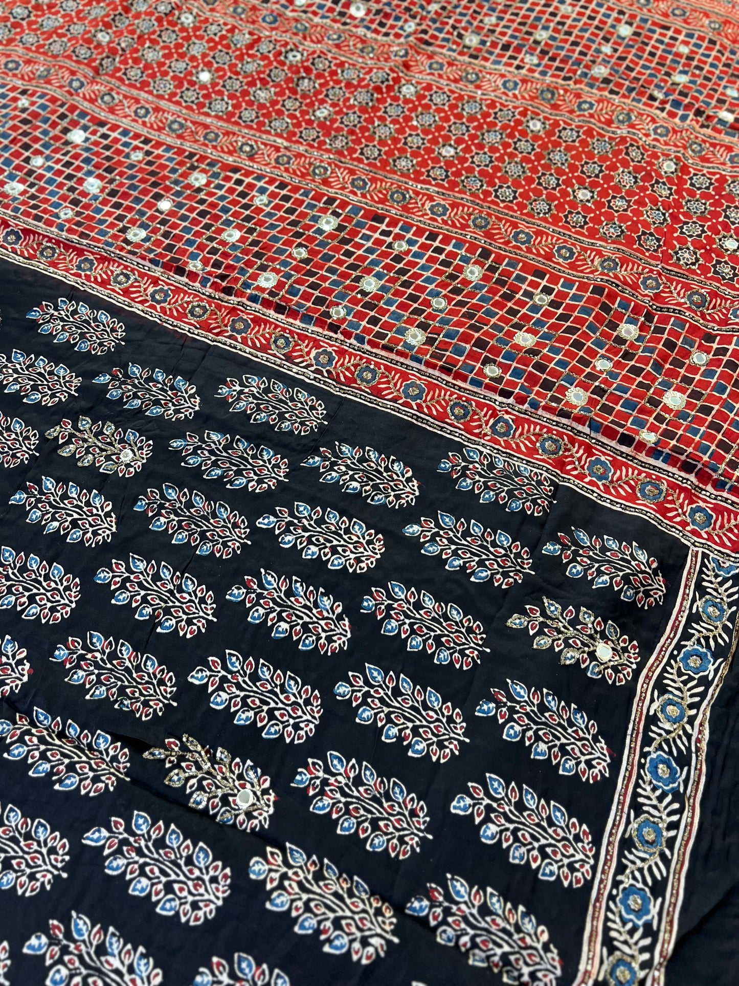MIDNIGHT ROUGE - Pure Modal Ajrakh Hand Embroidered Saree