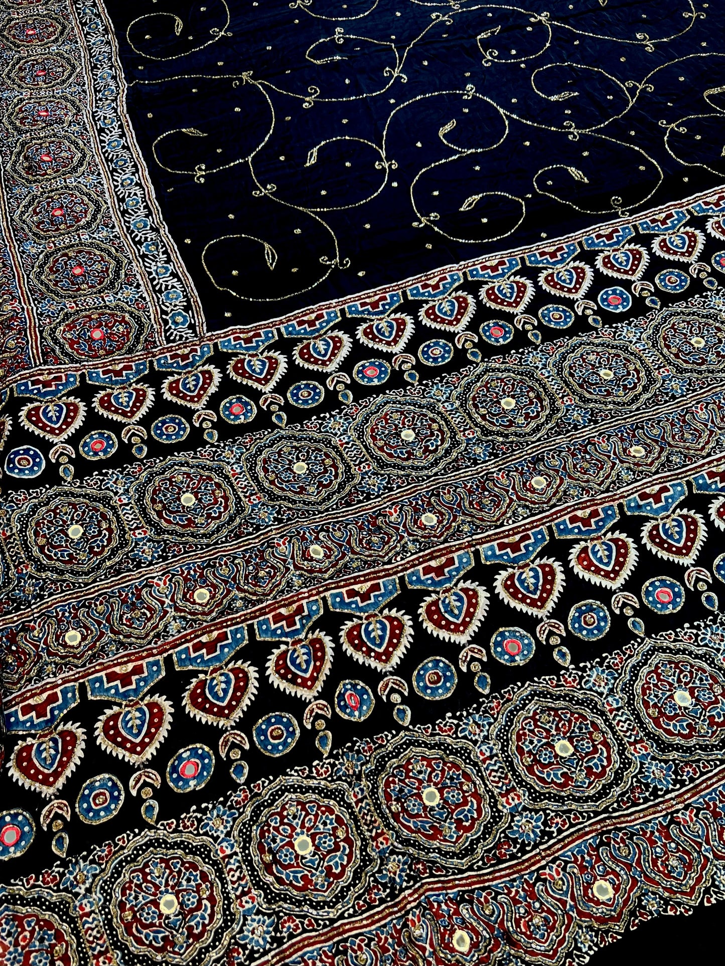MIDNIGHT SHIMMER - Pure Modal Ajrakh Hand Embroidered Saree