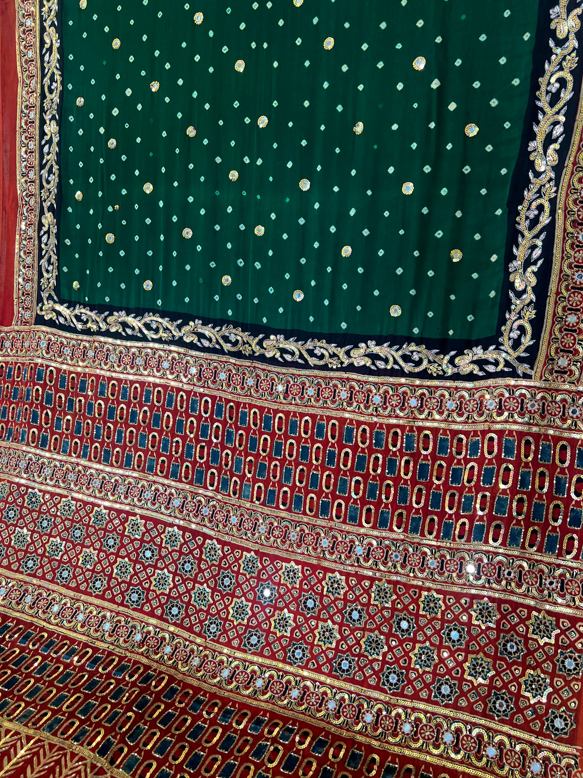 GREEN OPULENCE - Pure Modal Bandhani Ajrakh Hand Embroidered Saree