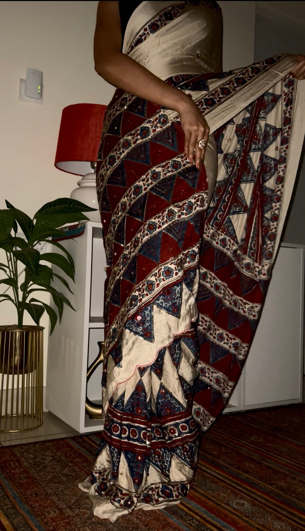Ivory Heritage - Pure Modal Ajrakh Hand Embroidered Saree