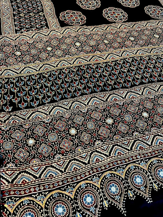 NIGHT LILY - Pure Modal Ajrakh Hand Embroidered Saree