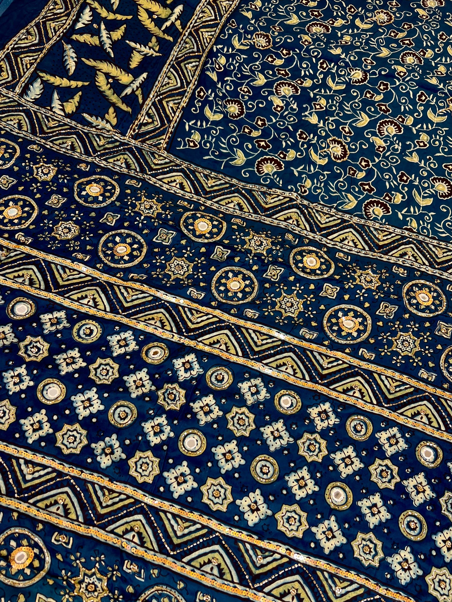 AZURE DREAMS - Pure Modal Ajrakh Hand Embroidered Saree