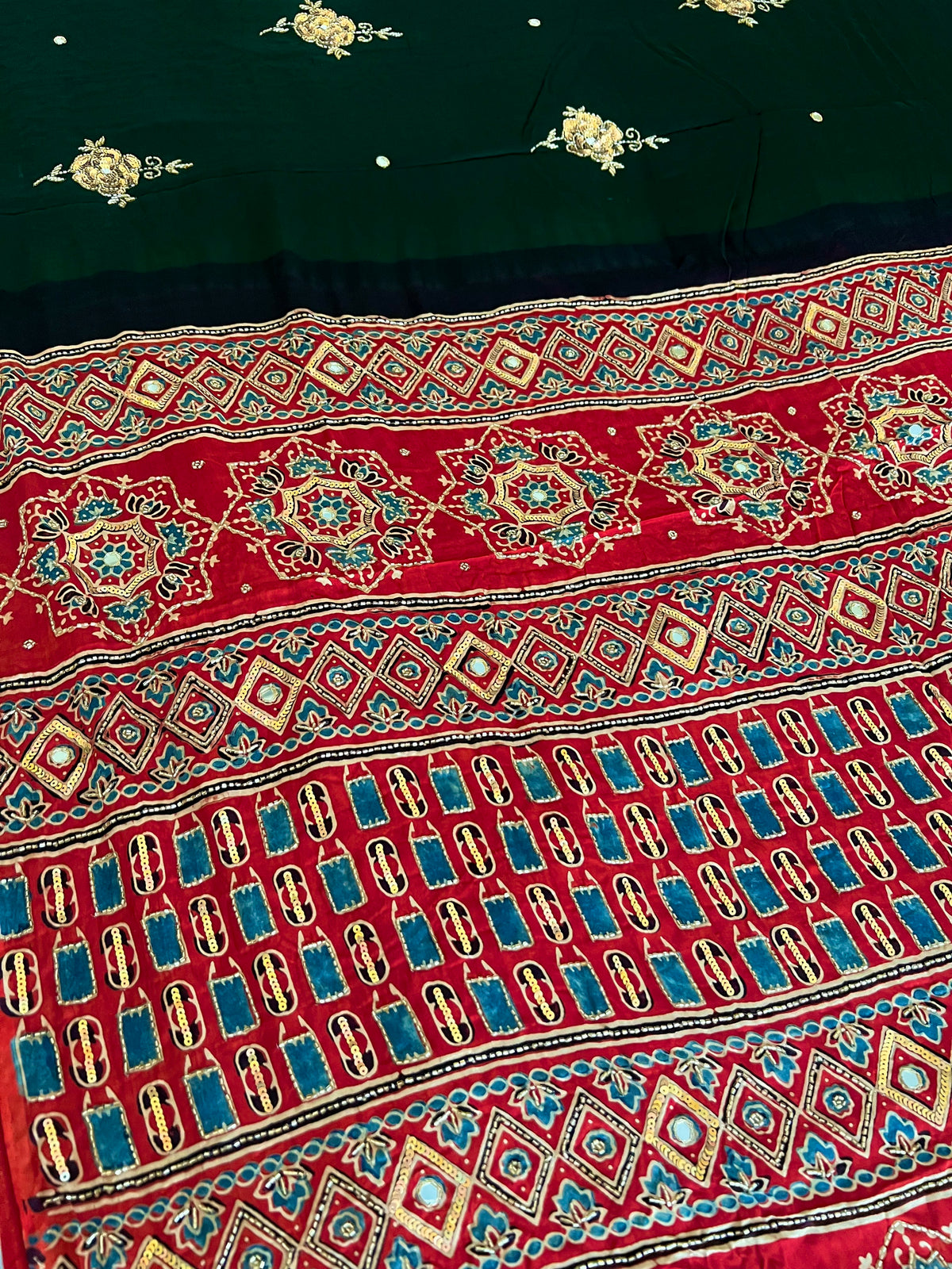 FOREST ROSE - Pure Modal Ajrakh Hand Embroidered Saree
