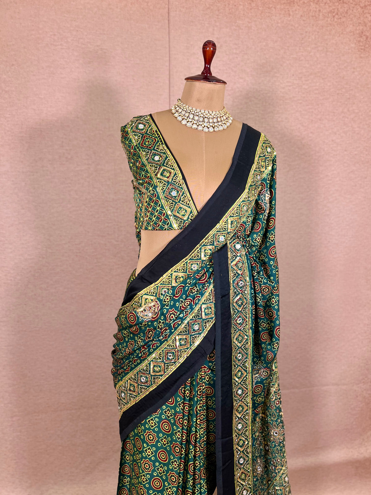 GLITTER ALLURE - Pure Modal Ajrakh Hand Embroidered Saree