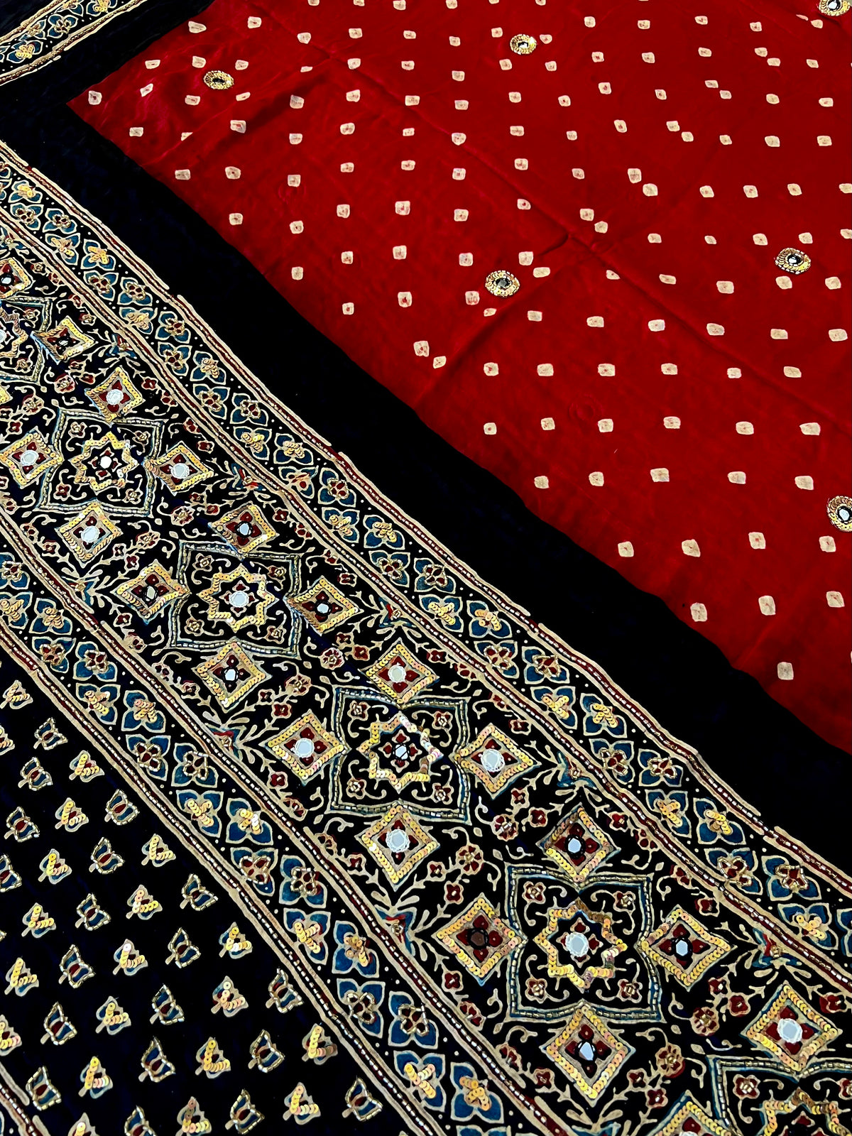 RED GRANDEUR - Pure Modal Bandhani Ajrakh Hand Embroidered Saree