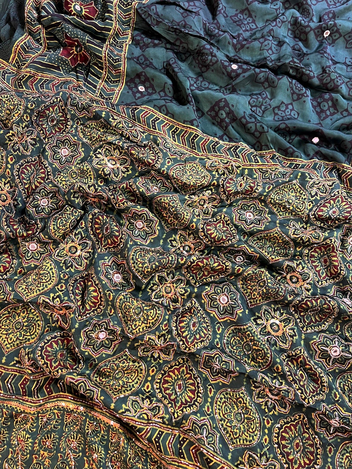 FOREST MIST - Pure Modal Ajrakh Hand Embroidered Saree