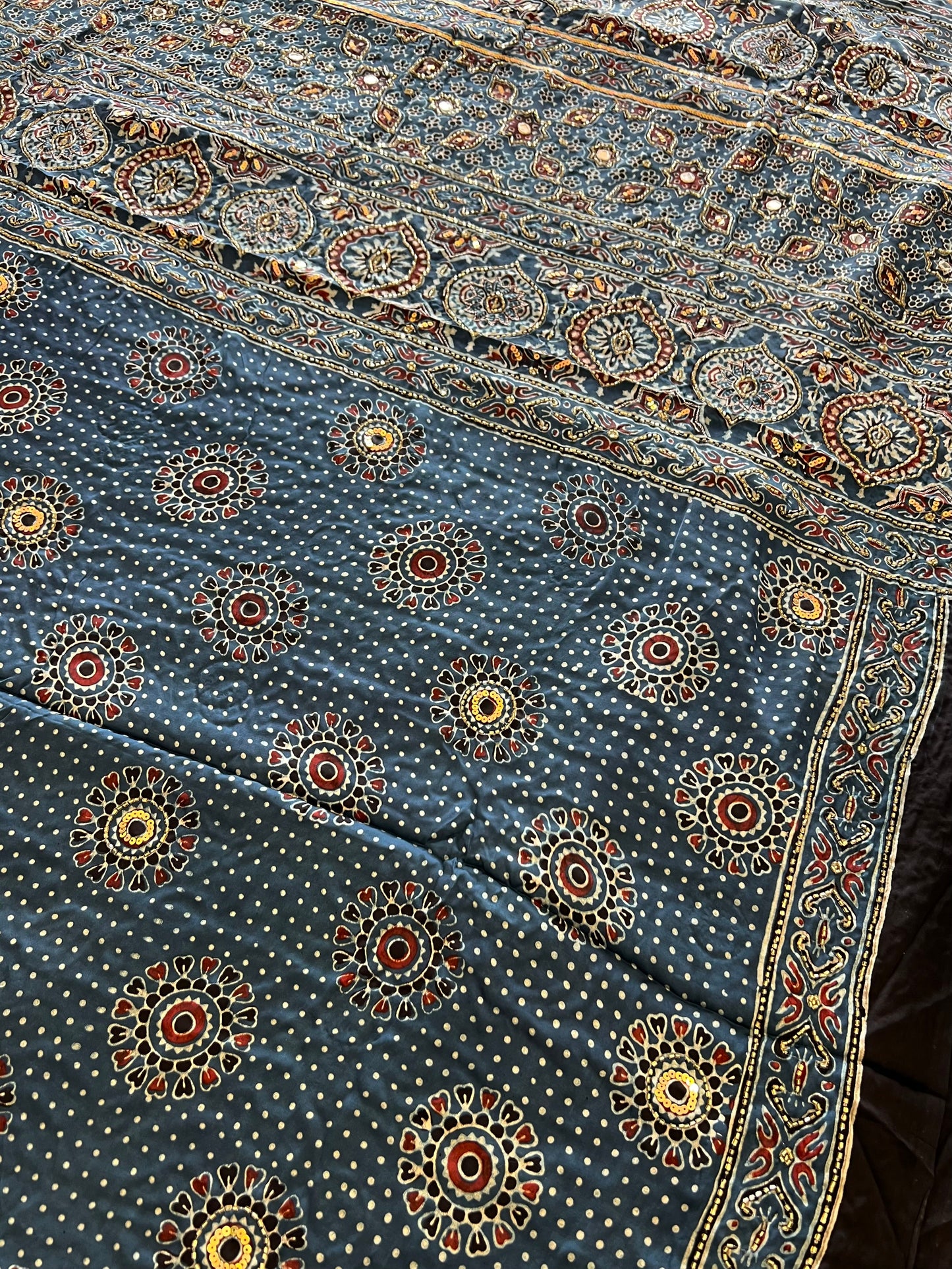 IRIS GARDEN - Pure Modal Ajrakh Hand Embroidered Saree