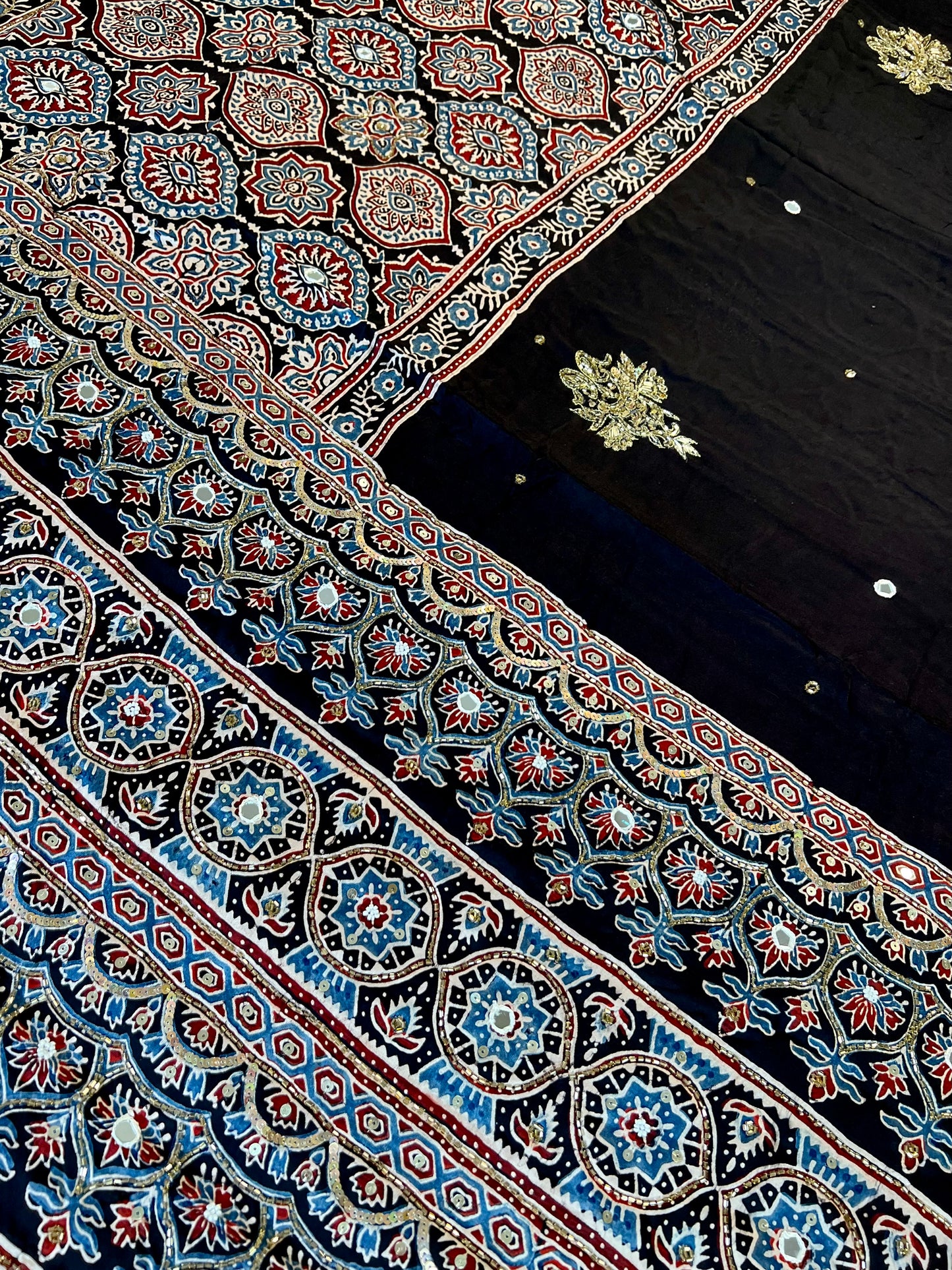 MIDNIGHT BLOOM - Pure Modal Ajrakh Hand Embroidered Saree