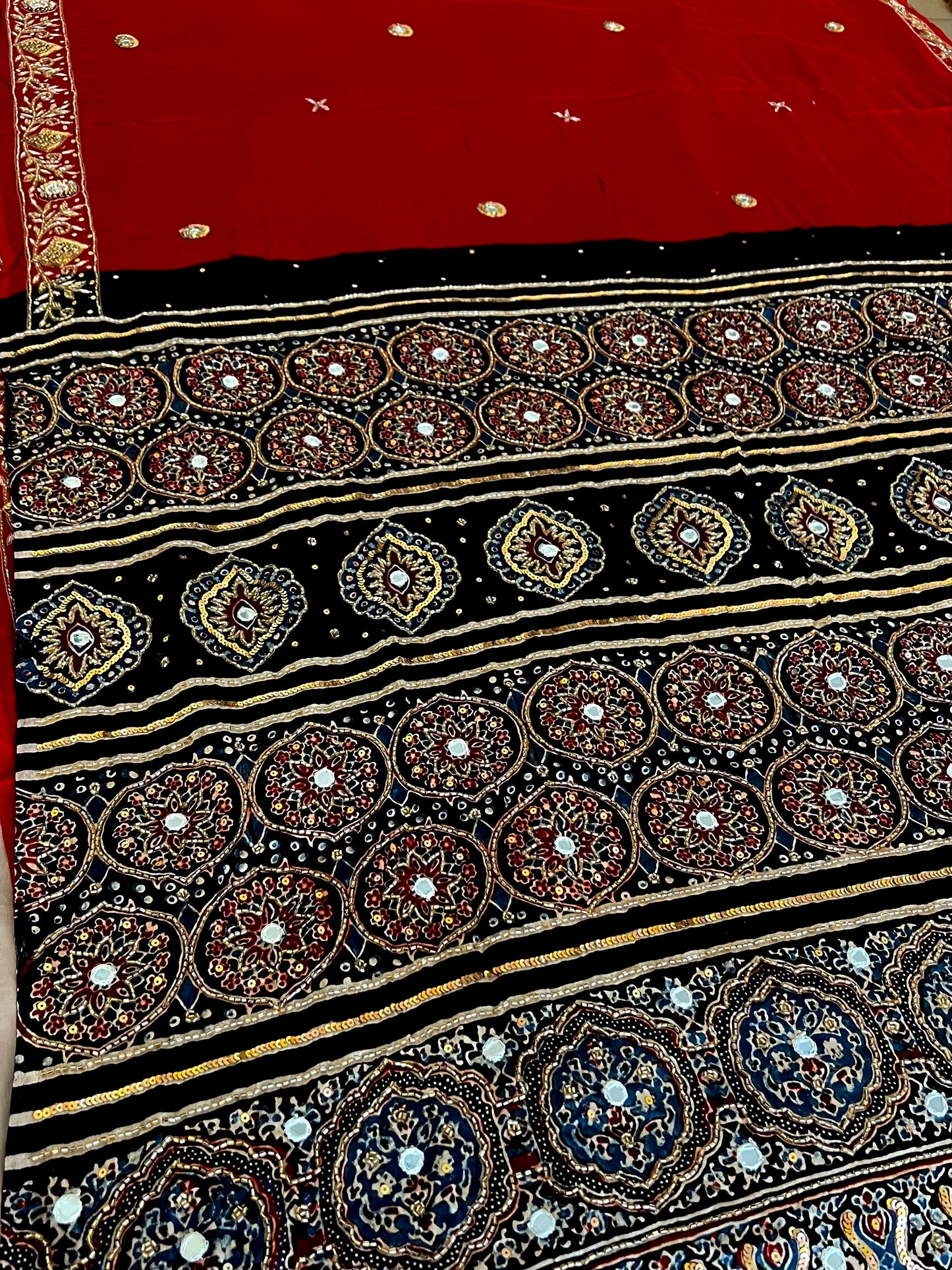 RED ROMANCE - Pure Modal Ajrakh Hand Embroidered Saree