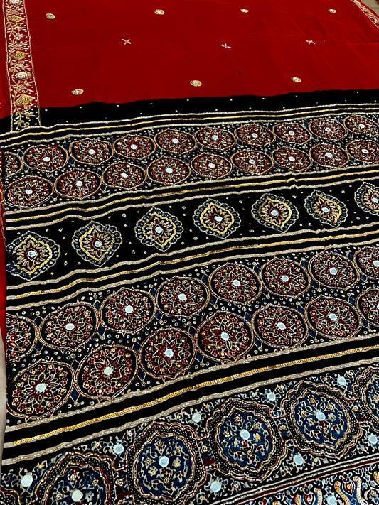 RED ROMANCE - Pure Modal Ajrakh Hand Embroidered Saree