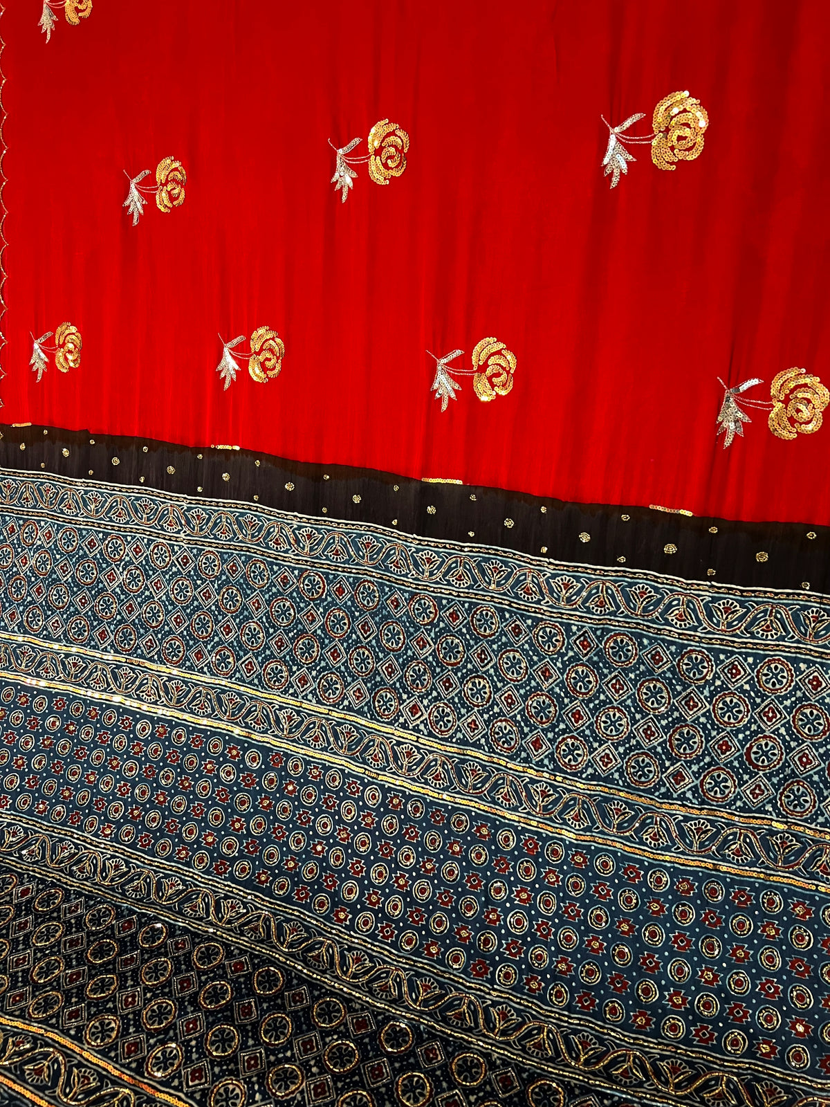 POPPY ROSE - Pure Modal Ajrakh Hand Embroidered Saree