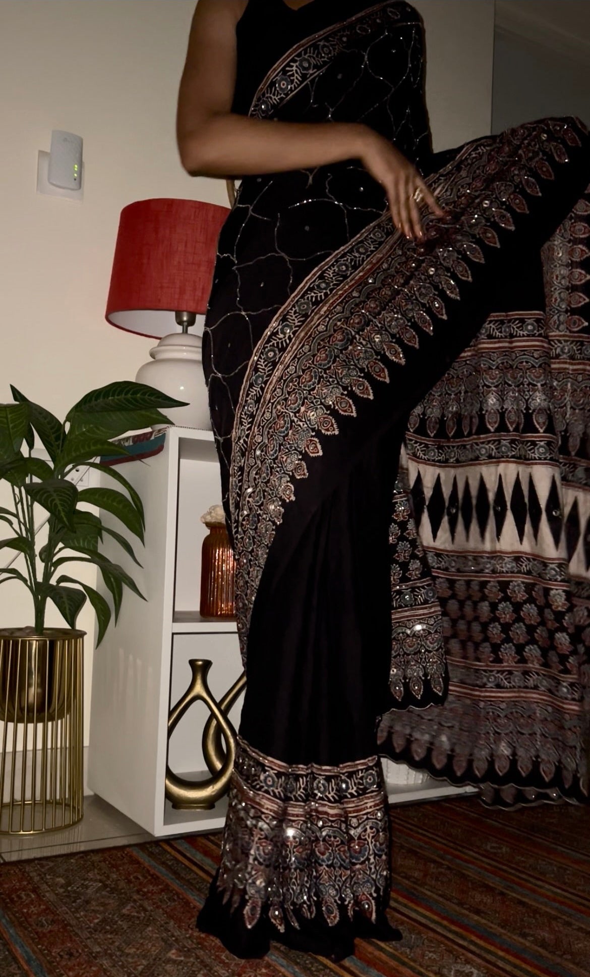 Celestial Night - Pure Modal Ajrakh Hand Embroidered Saree