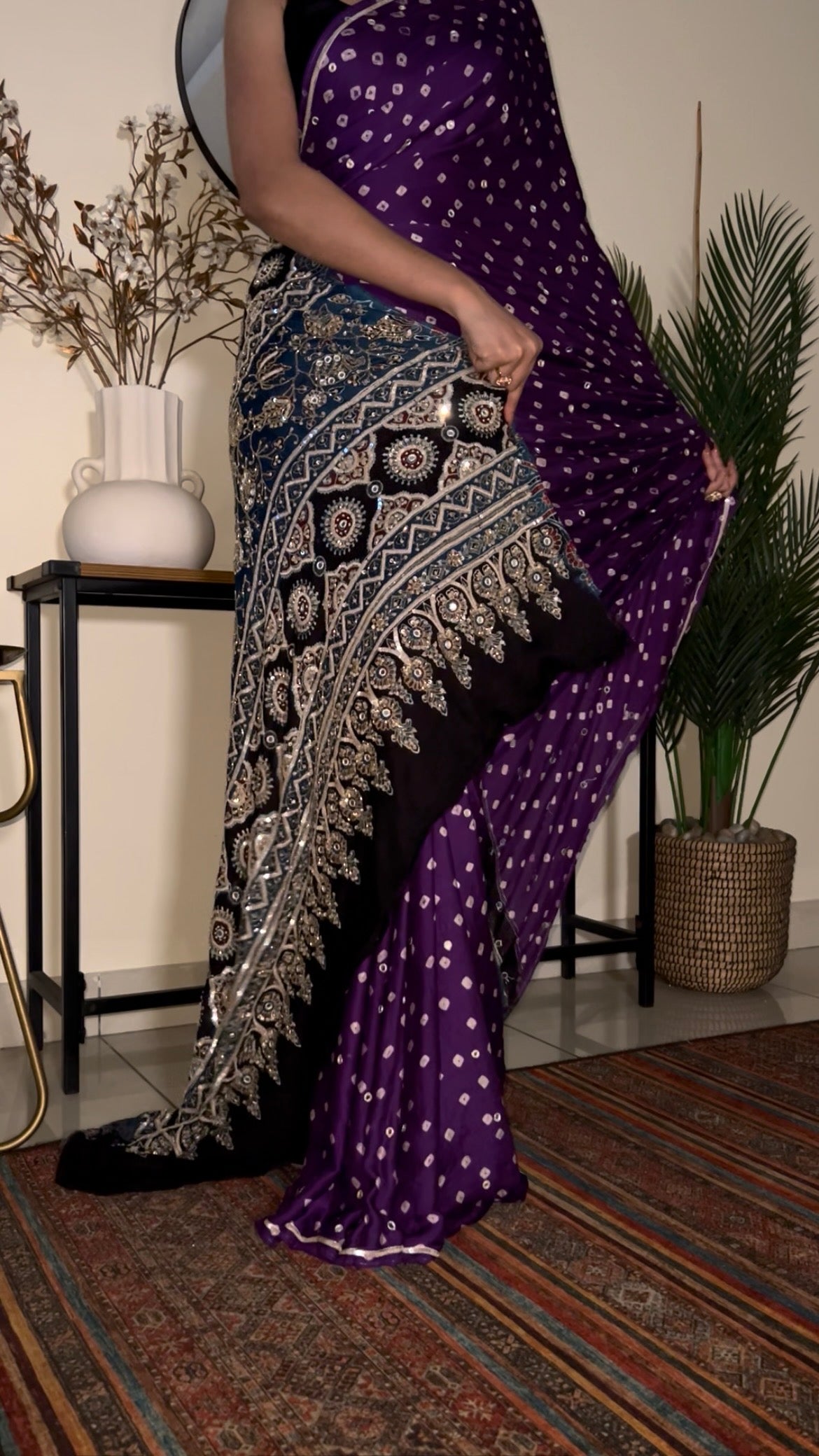 PURPLE ROYALE BANDHANI - Pure Modal Bandhani Ajrakh Hand Embroidered Saree