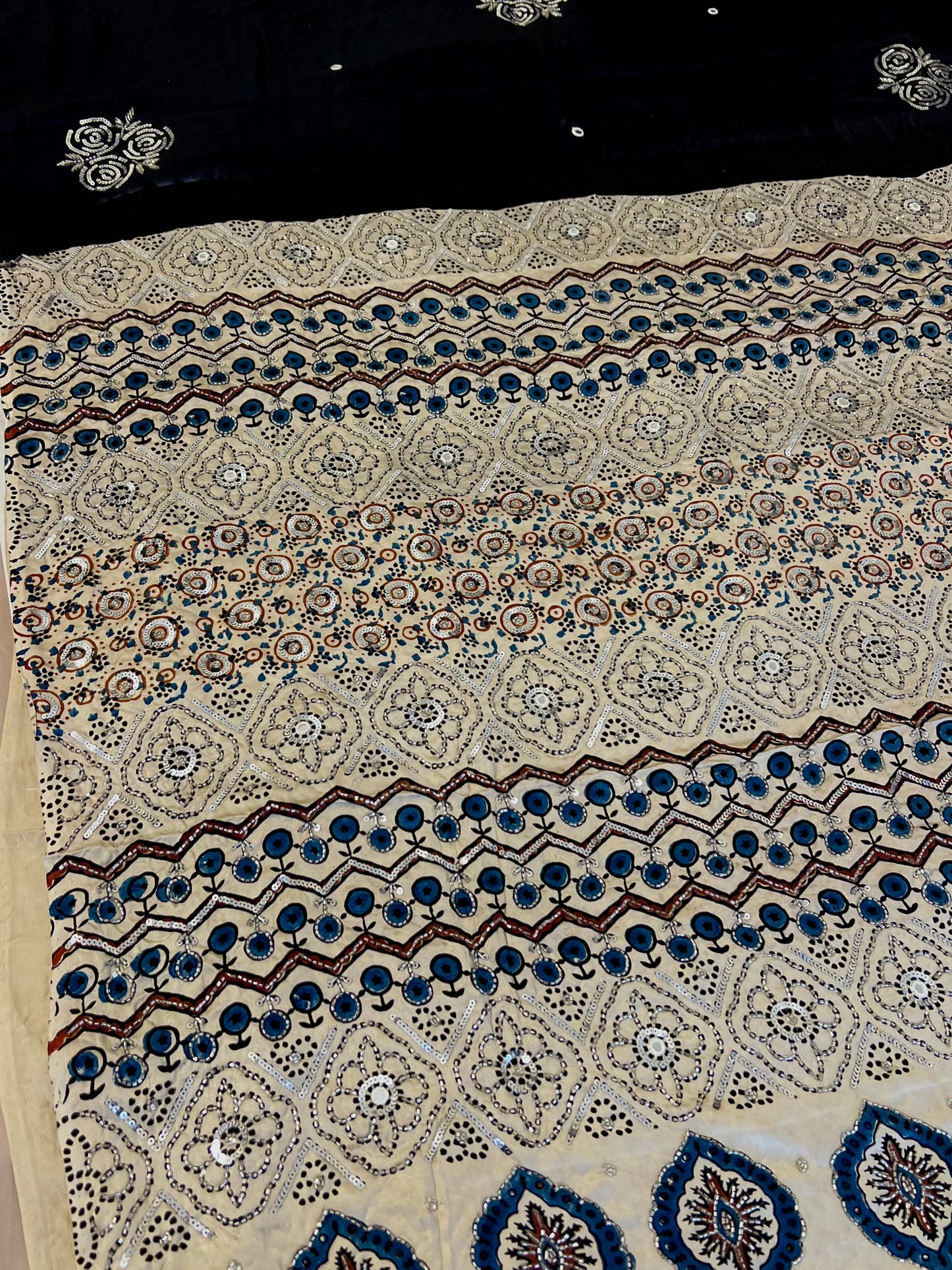MOONLIT ROSE - Pure Modal Ajrakh Hand Embroidered Saree