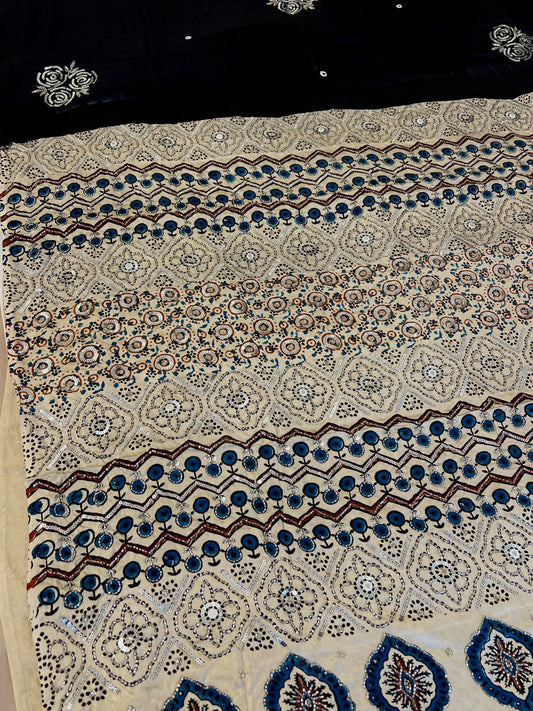 MOONLIT ROSE - Pure Modal Ajrakh Hand Embroidered Saree