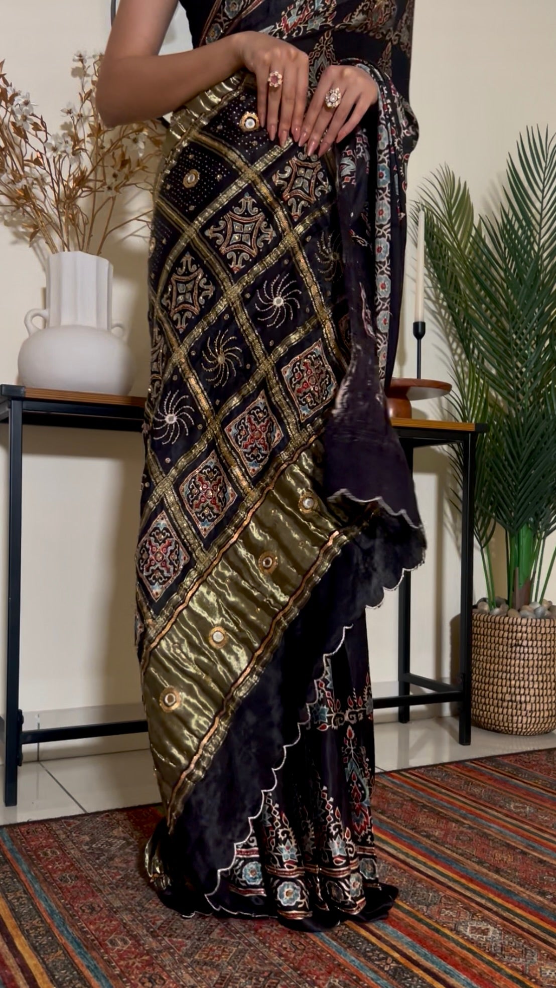 REGAL BLACK - Pure Modal Ajrakh Hand Embroidered Saree