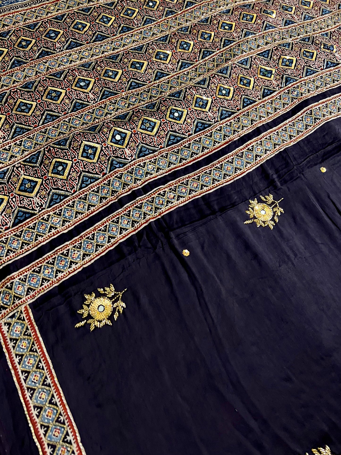 MIDNIGHT LUXE - Pure Modal Ajrakh Hand Embroidered Saree