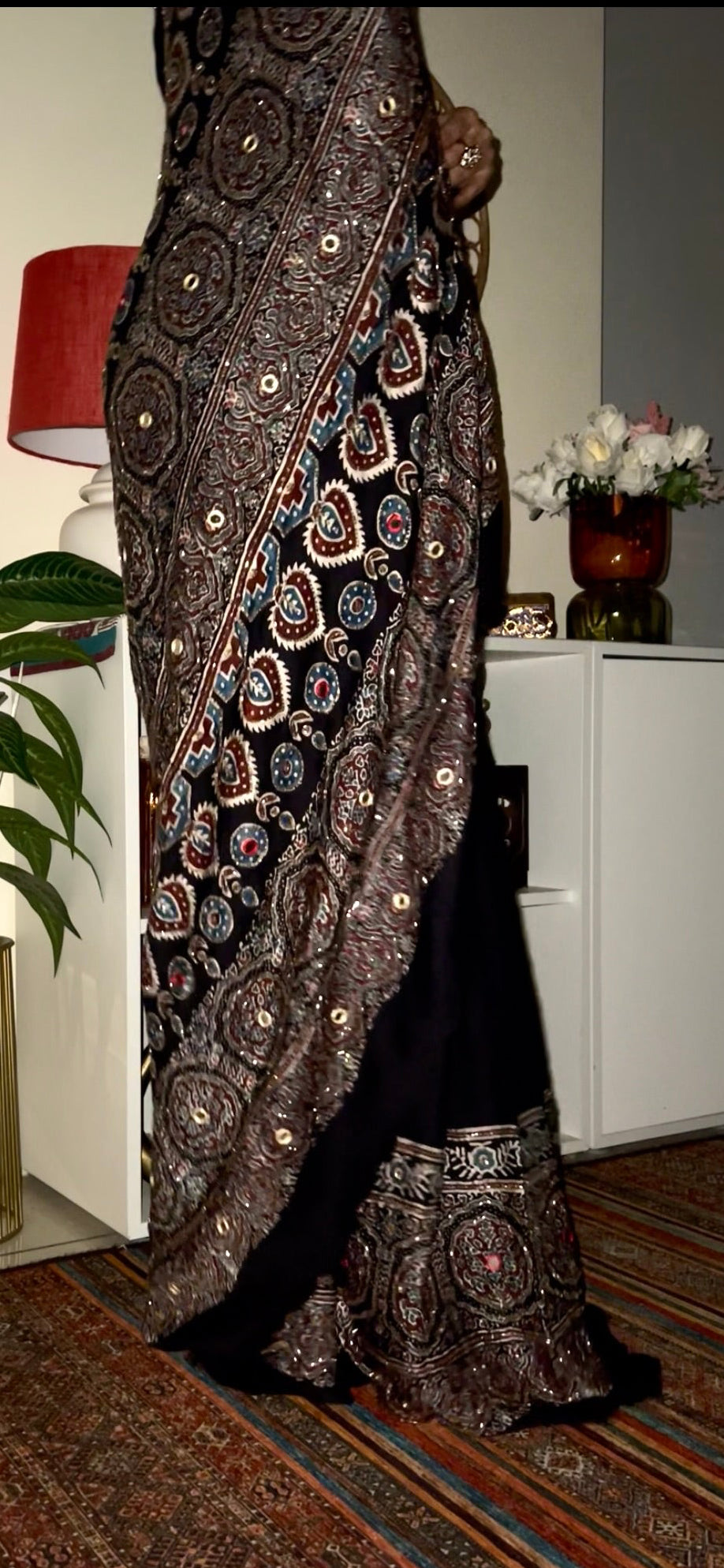 MIDNIGHT SHIMMER - Pure Modal Ajrakh Hand Embroidered Saree