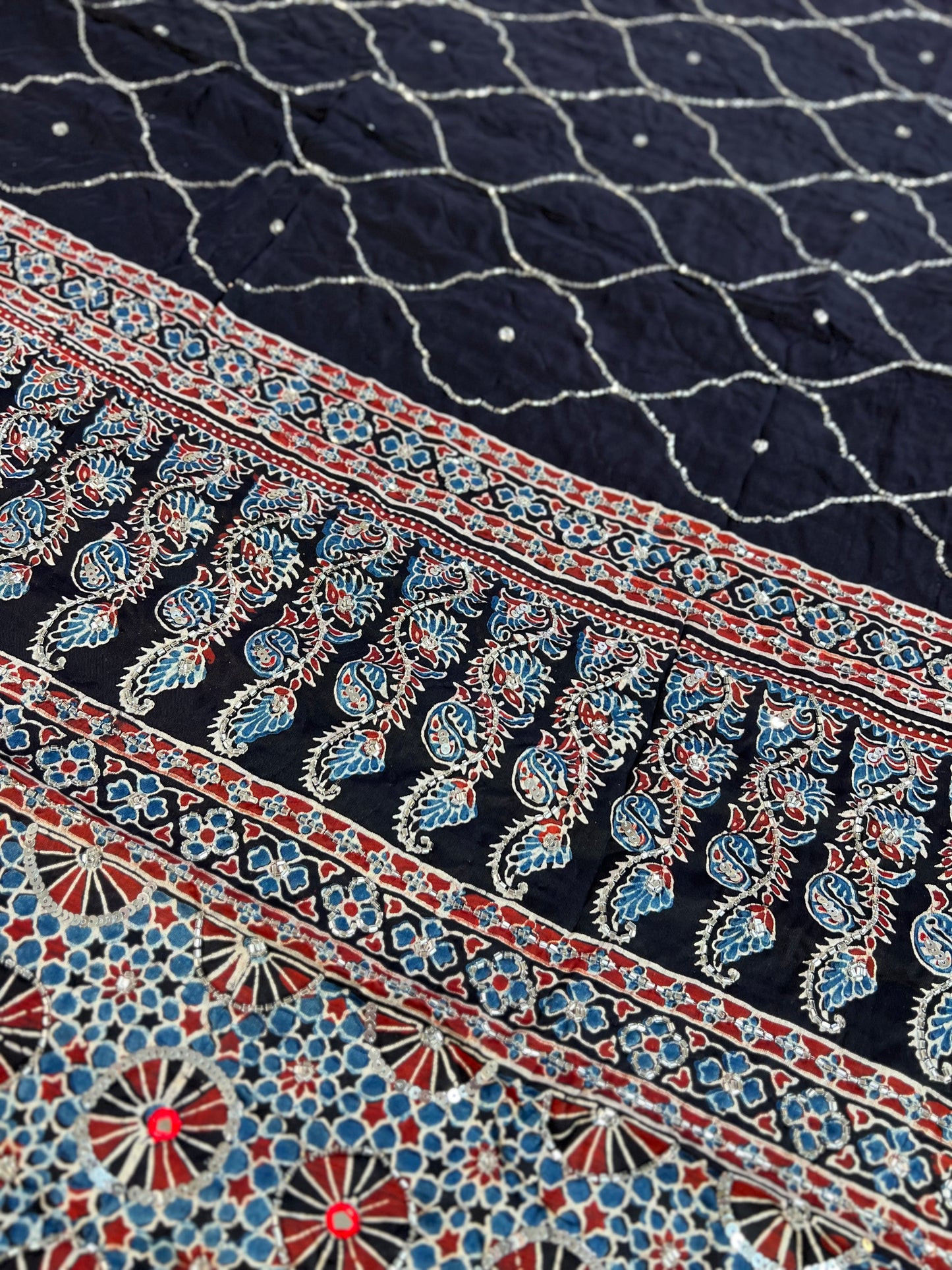 MIDNIGHT IVY - Pure Modal Ajrakh Hand Embroidered Saree
