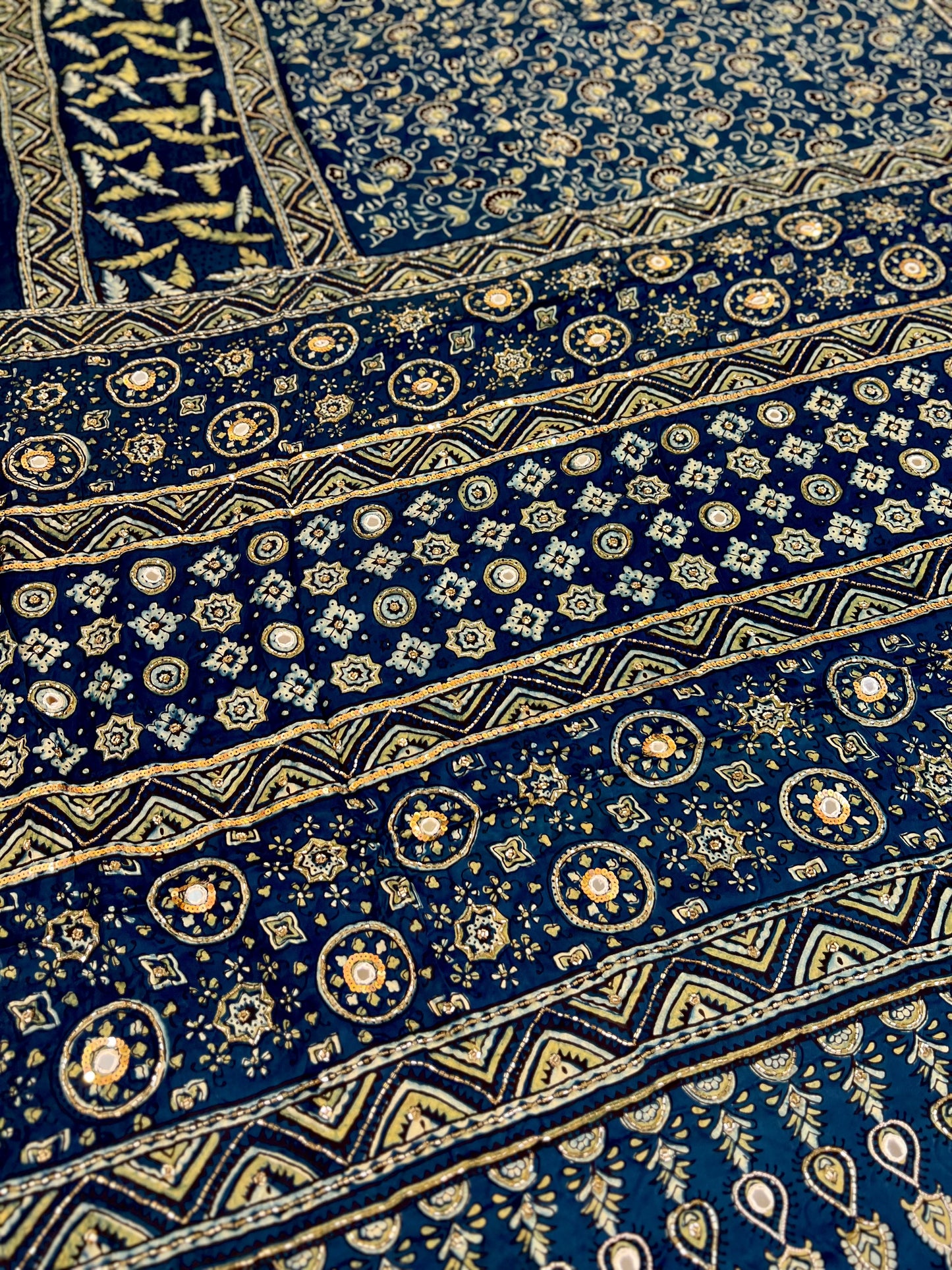 AZURE DREAMS - Pure Modal Ajrakh Hand Embroidered Saree