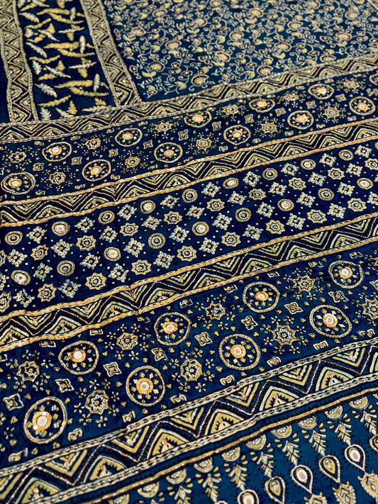 AZURE DREAMS - Pure Modal Ajrakh Hand Embroidered Saree
