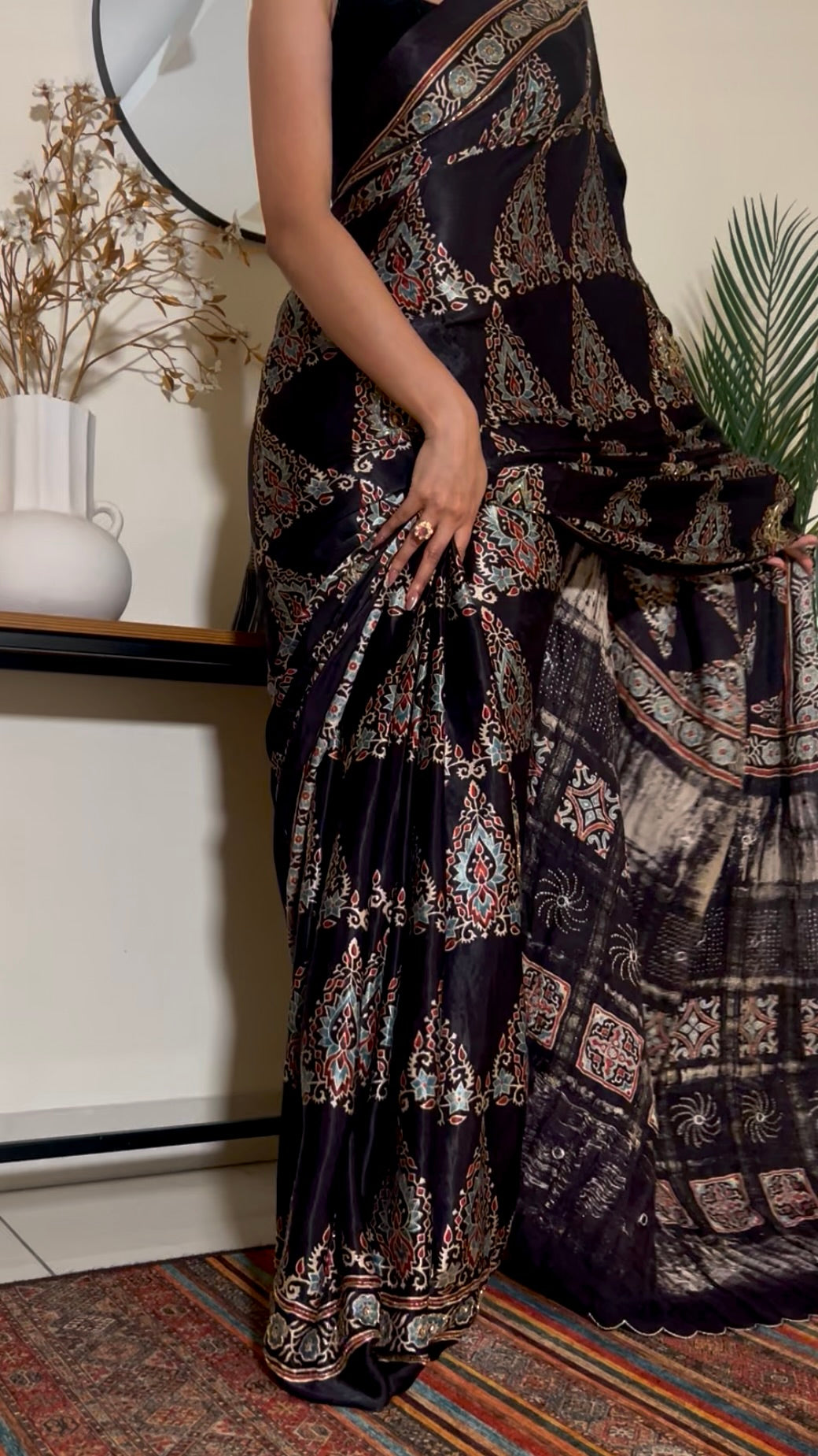 REGAL BLACK - Pure Modal Ajrakh Hand Embroidered Saree