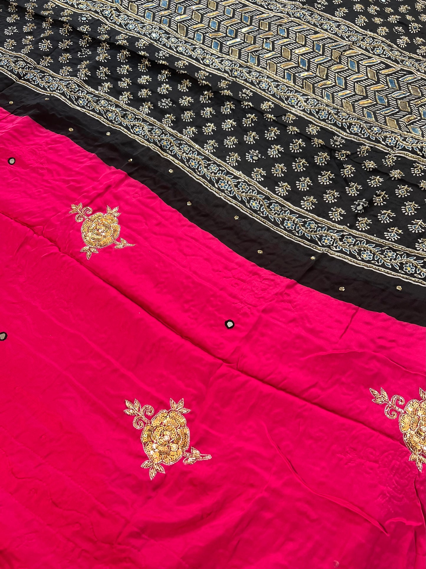 CANDY ROSE - Pure Modal Ajrakh Hand Embroidered Saree