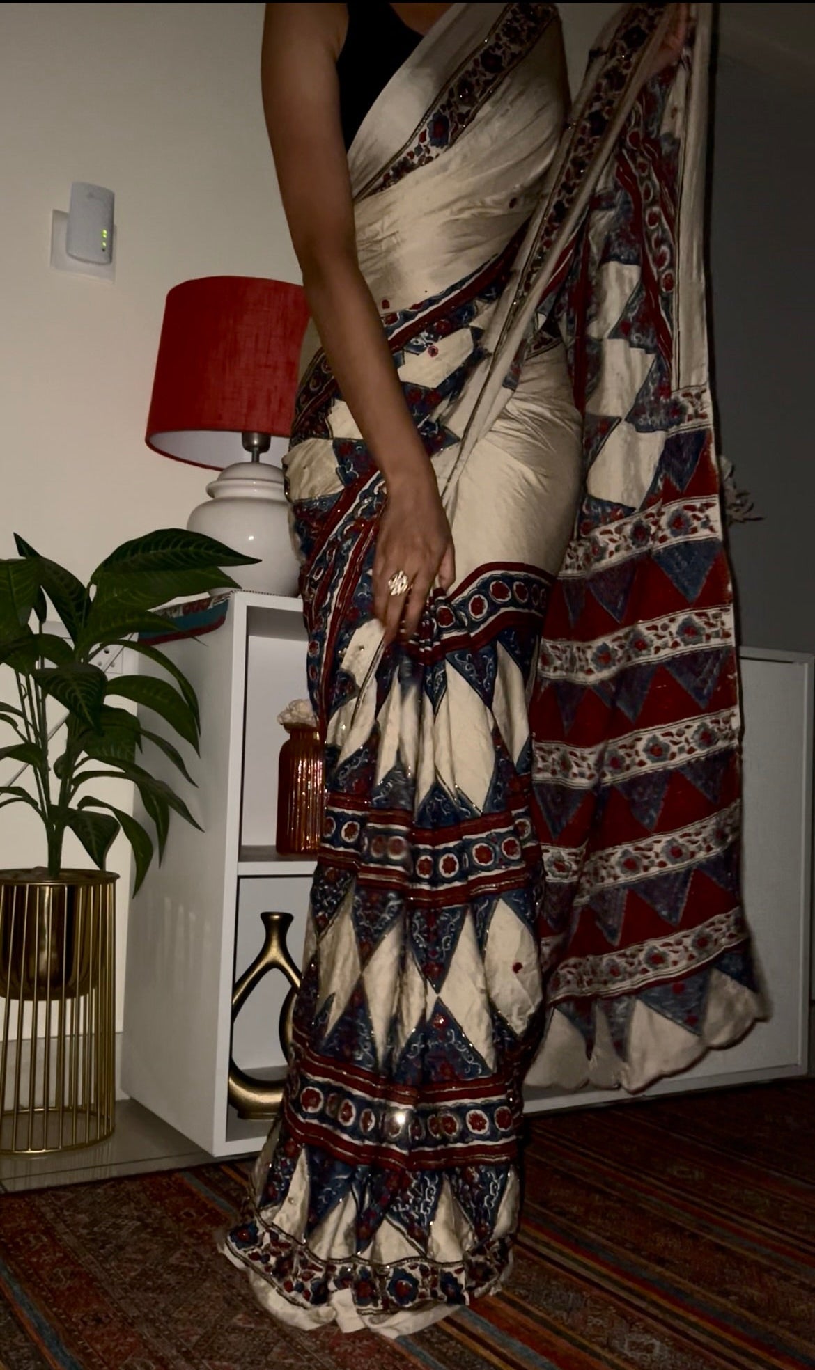 Ivory Heritage - Pure Modal Ajrakh Hand Embroidered Saree
